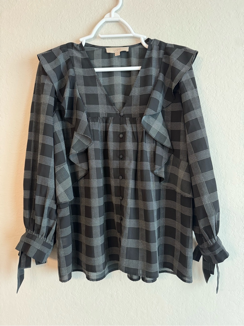 LOFT Black Plaid Button Down Blouse
